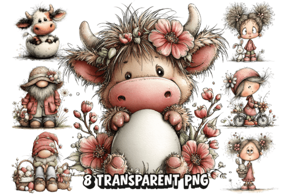 8 Spring Highland Cow PNG Clipart: Charming Spring Designs for Creative Projects