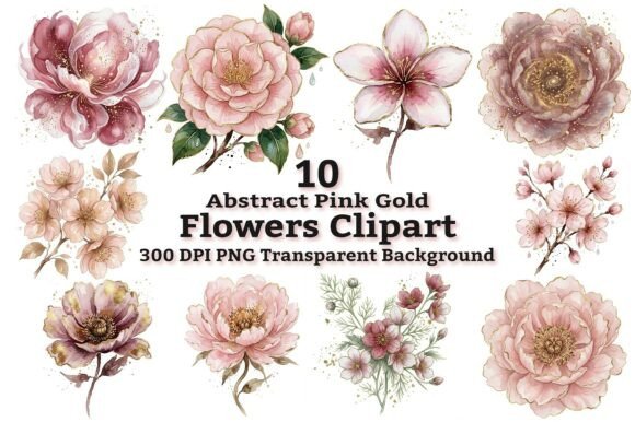 Abstract Pink Gold Flowers Clipart: A Stylish Choice for Creative Projects