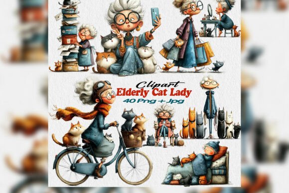 Adding Whimsy and Warmth to Creative Projects with Elderly Cat Lady Clipart PNG Spring Set