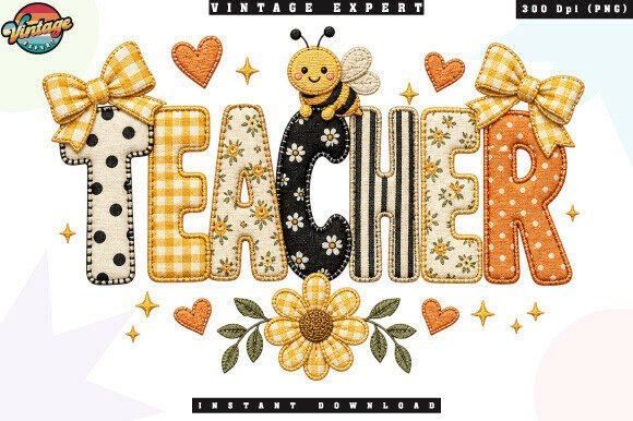 Cute Teacher Bee Patchwork PNG: Design Magic for Educators and Makers