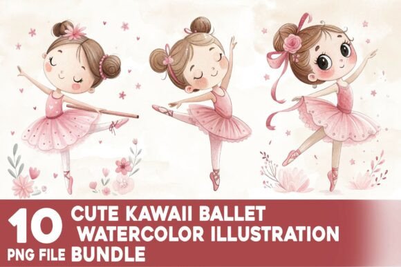 Discover the Charm of the Cute Kawaii Ballet Watercolor Bundle for Creative Commercial Projects