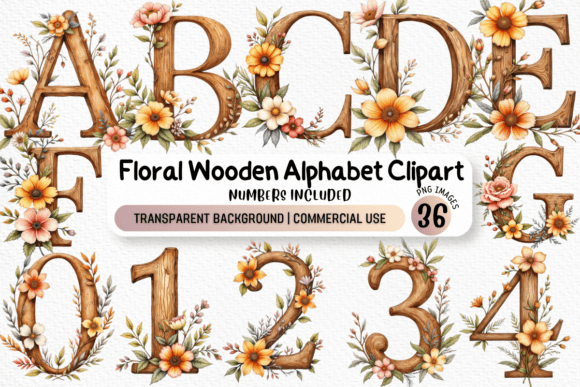 Floral Alphabet PNG Wooden Letters