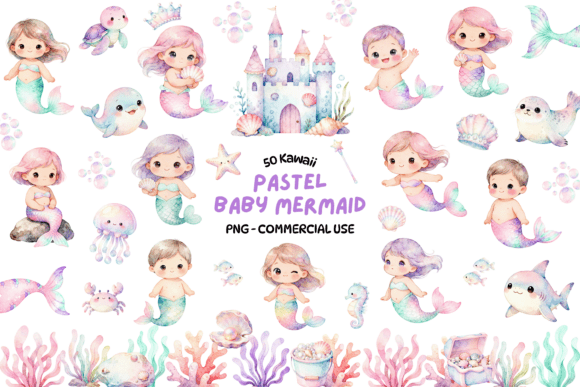 Pastel Baby Mermaid Clipart Bundle
