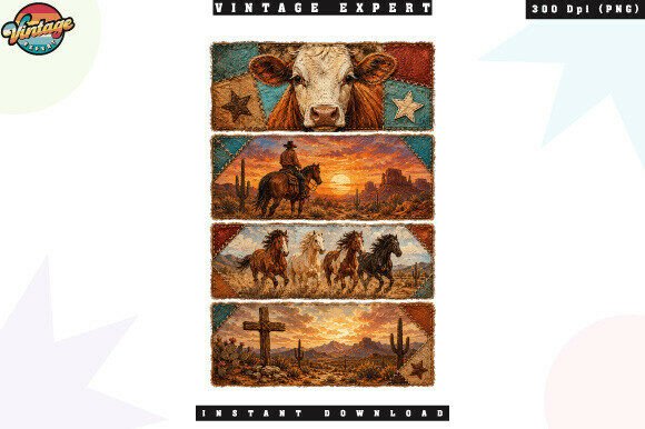 Vintage Western Cowboy Patchwork PNG