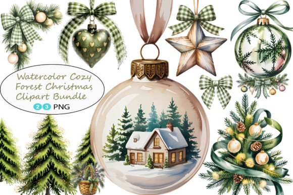 Watercolor Cozy Forest Christmas Clipart