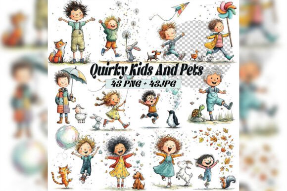 Whimsical Kids Pets Clipart Set: Playful Illustrations for Creative Projects